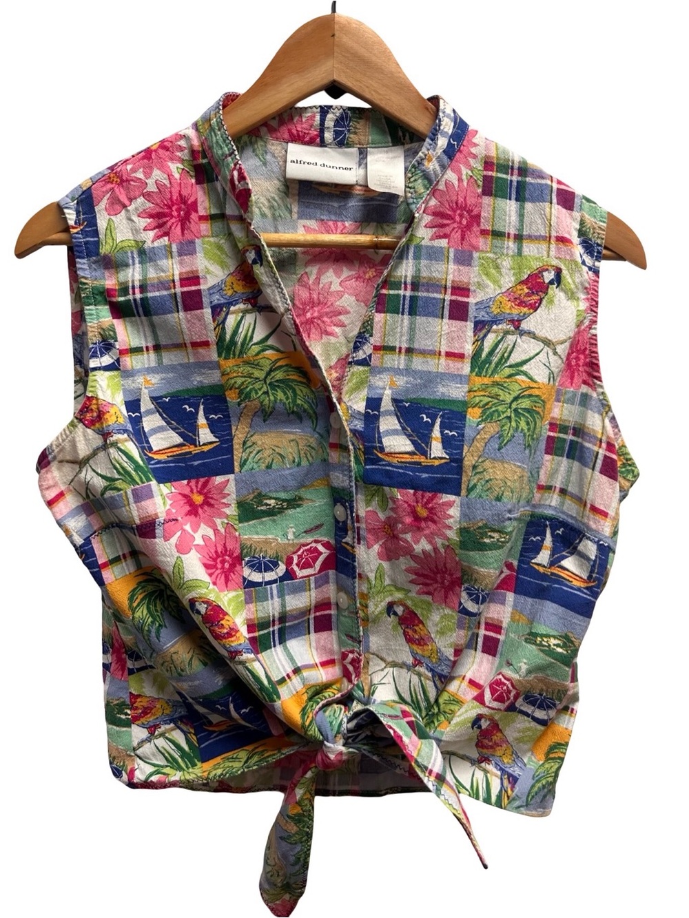 Vintage Alfred Dunner Tropical Patchwork Tie Front Blouse